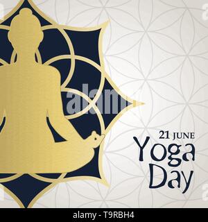 Internationale yoga Tag Grußkarte von Gold Frau Meditation im Lotussitz. Entspannung übung Abbildung. Stock Vektor