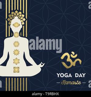 Yoga Tag Grußkarte Abbildung: gold Frau Silhouette im Lotussitz mit Blume und chakra Symbole. Stock Vektor
