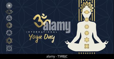 Yoga Tag banner Abbildung: Gold person Silhouette im Lotussitz mit Blume und chakra Symbole. Stock Vektor