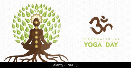 Internationale Yoga Tag Grußkarte Abbildung: lotus Tree darstellen. Natürliche Energie für Meditation Konzept. Stock Vektor