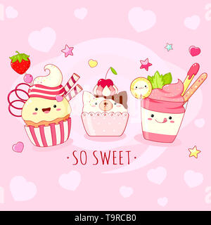 Lustige Hintergrund mit Niedlich süß Symbole in kawaii Stil mit lächelnden Gesicht und rosa Wangen. Inschrift so süß, Smoothies und Cupcake. EPS8 Stockfoto
