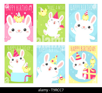 Satz von Geburtstag Banner, Hintergrund, Flyer, Aufkleber, Plakat mit niedlichen Kaninchen und Hühner. Geburtstag Poster für Scrapbooking. Vector template Karte f Stockfoto