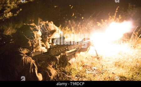 Eine Gruppe von US-Armee Fallschirmjäger, in Angriff zu Unternehmen, 1.BATAILLON, 503Rd Infanterie Regiment, 173Rd Airborne Brigade zugeordnet, feuert eine M240 Maschine Bravo Gewehr auf feindliche Kräfte auf das Ziel während der Übung sofortige Reaktion bei Vojarna Josip Jovic Airbase, Udbina, Kroatien, 16. Mai 2019. Übung sofortige Reaktion ist eine multinationale Übung von kroatischen Streitkräften geführt, der slowenischen Streitkräfte, und die US-Army in Europa. Die Logistik - fokussierte Übung ist entworfen, um zu prüfen und zu verbessern die Fähigkeit, Kräfte und Anlagen schnell von einem Ort zum anderen zu bewegen. Die Übung wird readines verbessern Stockfoto