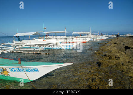 Bankas, traditionelle philippinische Outrigger Boote vor der Insel Balicasag, Bohol in den Philippinen. Stockfoto