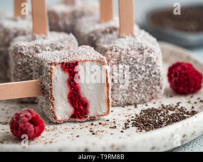 Hausgemachte raw lamington Eis springt auf hellen Hintergrund. Australische süße Nachspeise lamington mit Chia und Himbeeren Marmelade, Schokolade und Kakao. Veganes essen Rezept und Idee. Kopieren Sie Platz. Nahaufnahme Stockfoto