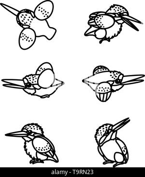 Vektorlinie cartoon animal Clipart kingfisher Vögel gesetzt Stock Vektor