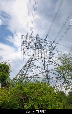 Blick nach oben in einen großen Strom Pylon und Stromleitungen in Familiars, Test Valley, Southampton, Hampshire, Südengland, Großbritannien Stockfoto