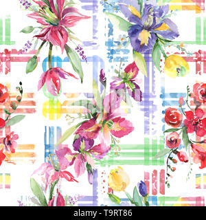 Blumenstrauß mit Iris Blumen botanischen Blumen. Aquarell Hintergrund Abbildung. Nahtlose Muster. Stockfoto