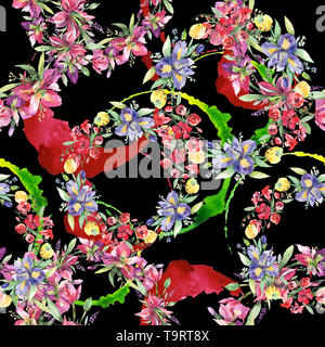 Blumenstrauß mit Iris Blumen botanischen Blumen. Aquarell Hintergrund Abbildung. Nahtlose Muster. Stockfoto