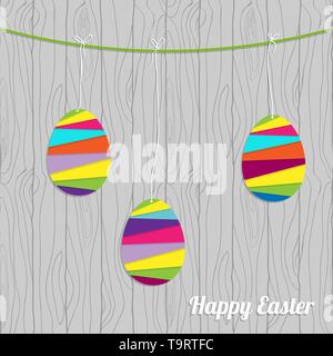 Ostern Karte Vorlage mit gestreiftem Papier Eier auf dem Holz Wand vector Hintergrund Stock Vektor