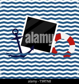 Vektor Karte Vorlage mit photoframe, Anker und Rettungsring auf die nahtlose Chevron Hintergrund Stock Vektor