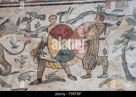 Jäger auf die große Jagd Mosaik eines der römischen Mosaiken in der Villa Romana del Casale, Piazza Armerina, Sizilien, Italien. Stockfoto