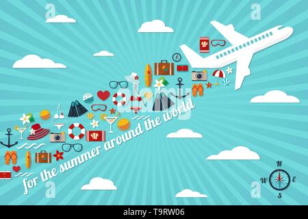 Abstrakte Darstellung mit dem Flugzeug in den blauen Himmel mit Herbst Sommer Dinge und Slogan 'für den Sommer rund um die Welt 'Vektor Karte Vorlage Stock Vektor