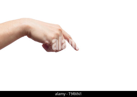 Männliche Hand das fingle Punkt nach unten Touch gusture auf weißem Hintergrund Stockfoto