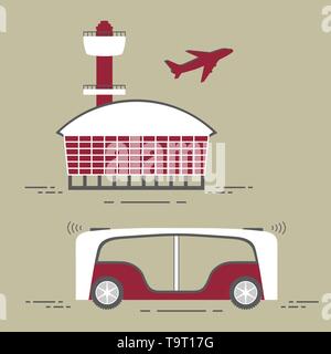 Selbstfahrer Transport der Passagiere zum Flughafen. Automatisierte Bus, autonome Fahrzeug, fahrerlose Bus. Den wissenschaftlichen und technischen Fortschritt. Neue techn Stock Vektor