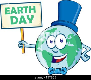 Happy Earth Day. Planet Erde Zeichentrickfigur mit Namensschild Stock Vektor