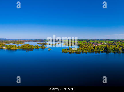 Insel Wörth im Relais, See mit Murnau, Seehausen, Blaues Land, Oberbayern, Bayern, Deutschland, Europa, Insel Wörth im Staffelsee bei Murnau, Bl Stockfoto