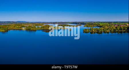 Insel Wörth im Relais, See mit Murnau, Seehausen, Blaues Land, Oberbayern, Bayern, Deutschland, Europa, Insel Wörth im Staffelsee bei Murnau, Bl Stockfoto