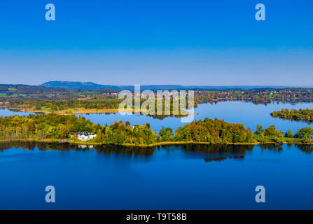 Insel Wörth im Relais, See mit Murnau, Seehausen, Blaues Land, Oberbayern, Bayern, Deutschland, Europa, Insel Wörth im Staffelsee bei Murnau, Bl Stockfoto