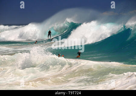 Surfer und riesigen Swell am Sandstrand, Oahu, Hawaii, USA Stockfoto