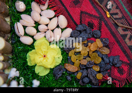 Die aserbaidschanische Süßigkeit baklava in hausgemachten für den Urlaub Novruz. Blau und gelblich Rosinen. Pistazien Muttern Stockfoto