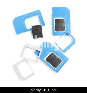 Verschiedene SIM-Karten auf weißem Hintergrund Stockfoto