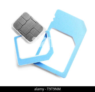 Verschiedene SIM-Karten auf weißem Hintergrund Stockfoto
