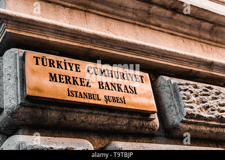 Istanbul, Türkei - 06 Januar, 2018: Tafel von der Zentralbank der Republik Türkei. Stockfoto
