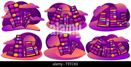 Stadtbild Sonnenuntergang gradient Flüssigkeit Banner. Sommer Landschaft mit Häusern und Sonnenuntergang auf dem Hintergrund der Wolken. Vector Illustration Stock Vektor