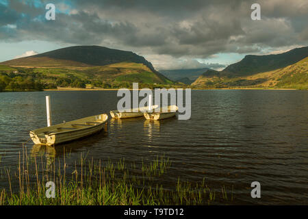 Boote auf Llyn Nantlle Uchaf, Snowdonia National Park, Wales, Großbritannien Stockfoto