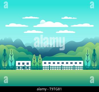 Hügel und Berge Landschaft mit Haus Bauernhof in flachem Design. Wald im Tal Abbildung. Schöne grüne Felder, Wiese, Baum, blauer Himmel und Stock Vektor