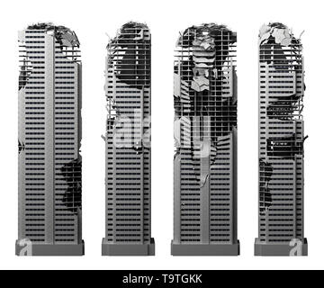 Zerstört Hochhaus Gebäude auf Weiß isoliert. 3D-Rendering Stockfoto