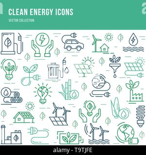 Satz linearer Symbole auf das Thema saubere Energie. Grüne Energie aus erneuerbaren Quellen in eine Reihe von isolierten farbige Symbole in einer linearen Stil. Stock Vektor