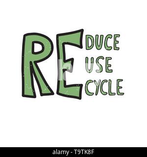 Verringern, Wiederverwenden, Recyceln. Zitat mit Dekor auf whote Hintergrund isoliert. Handschriftliche Beschriftung. Vektor Prinzipdarstellung. Stock Vektor