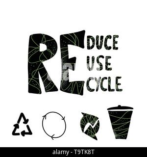 Verringern, Wiederverwenden, Recyceln. Zitat mit Dekor auf whote Hintergrund isoliert. Emblem mit handschriftlichen Schriftzug. Vektor Prinzipdarstellung. Stock Vektor