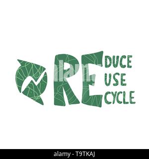 Verringern, Wiederverwenden, Recyceln. Zitat mit Dekor auf weißem Hintergrund. Emblem mit handschriftlichen Schriftzug. Vektor Prinzipdarstellung. Stock Vektor