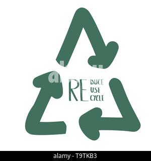 Verringern, Wiederverwenden, Recyceln. Zitat mit ökologischen Symbol. Emblem mit handschriftlichen Schriftzug. Vector Illustration. Stock Vektor