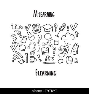 Online Bildung. Zitat und Schule Symbole in Doodle style Set. Vector Illustration. Stock Vektor