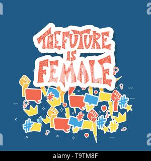 Die Zukunft ist weiblich Konzept. Hand gezeichnet Angebot mit Feminismus Symbole. Vector Illustration. Stock Vektor