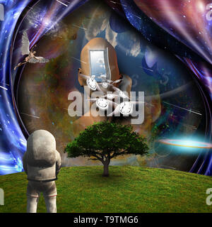 Surrealismus. Fluss der Zeit durch den Raum. Astronauten in den grünen Bereich. Mann mit Flügeln stellt Engel. 3D-Rendering Stockfoto