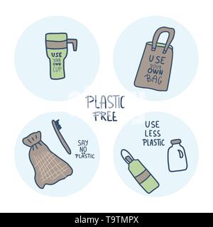 Kunststoff Konzept. Zitat mit eco Lebensstil Elemente auf weißem Hintergrund. Emblem mit handschriftlichen Schriftzug und null Abfall Symbole im Set Stock Vektor