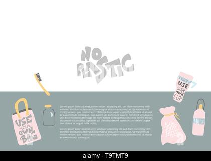 Banner Vorlage keine Kunststoff-Konzept. Zitat mit eco Lebensstil Elemente. Emblem mit handschriftlichen Schriftzug und null Abfall Symbole gesetzt. Vector Farbe il Stock Vektor