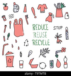 Verringern, Wiederverwenden, Recyceln. Zitat mit eco Lebensstil Elemente. Emblem mit handschriftlichen Schriftzug und null Abfall Symbole gesetzt. Vector Illustration. Stock Vektor