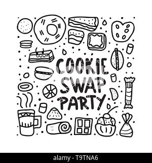 Cookie Swap Party Poster. Schwarze und weiße Design Konzept mit Zitat und Gebäck. Hand Schriftzug mit Doodle Stil eingerichtet. Handschriftliche phrase Mit b Stock Vektor