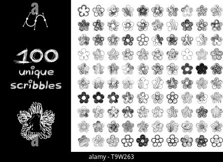 Vector schwarz 100 SCRIBBLES Objekte auf Weiß isoliert Stock Vektor
