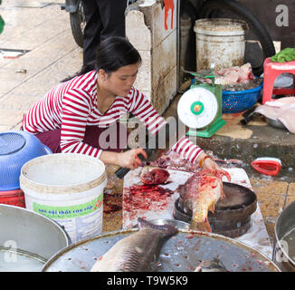 Hanoi, Vientam - Januar 04, 2017: Frau schneiden ein Fisch am Markt in Hanoi, Vietnam Stockfoto