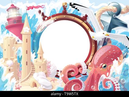Vektor Sommer maritime Collage frame Vorlage für Foto Stock Vektor
