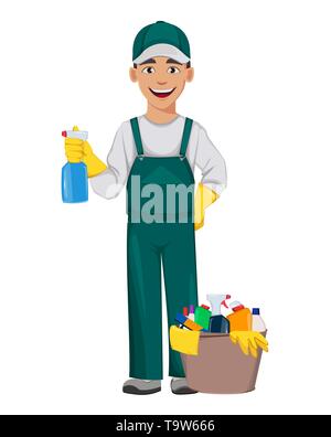 Sauberer mann Zeichentrickfigur holding Feldspritze. Reinigung Service Konzept. Vector Illustration auf weißem Hintergrund Stock Vektor