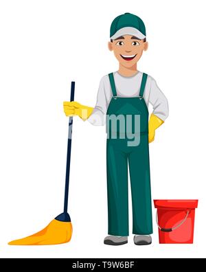 Sauberer mann Zeichentrickfigur mit Mop und Schaufel. Reinigung Service Konzept. Vector Illustration auf weißem Hintergrund Stock Vektor