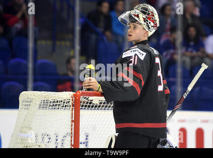 Kosice, Slowakei. 20 Mai, 2019. Eishockey: Wm, Kanada, Dänemark, Vorrunde, Gruppe A, 6. Spieltag in der Arena. Kanadas Torhüter Carter Hart auf Ziel ist. Credit: Monika Skolimowska/dpa-Zentralbild/dpa/Alamy leben Nachrichten Stockfoto